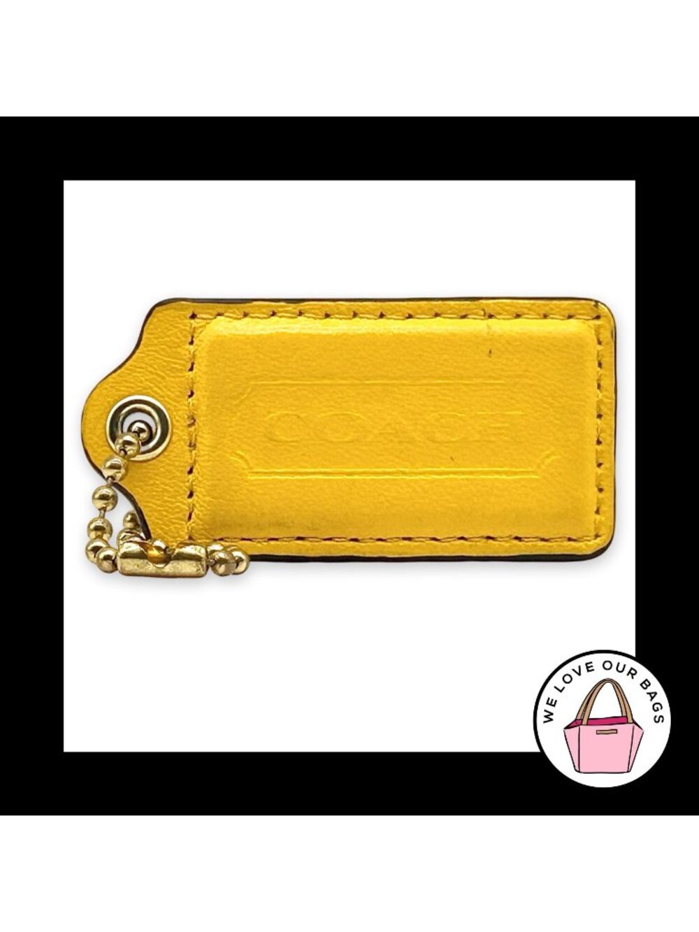 COACH HANG TAG 2.5" Yellow Smooth Leather Bag Charm Keychain Fob Brass Large